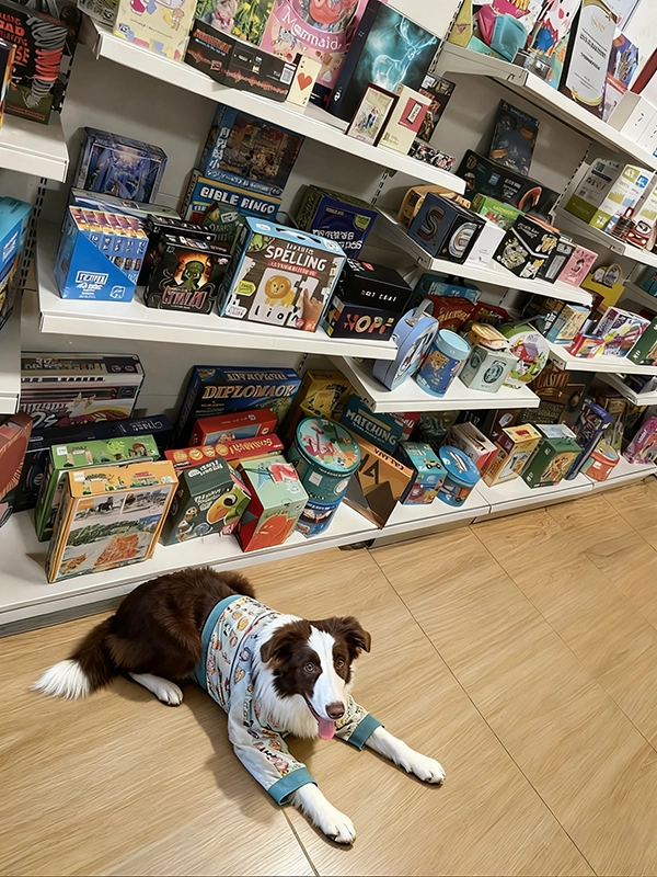 Custom board game manufacturing quality display with Sunday Games mascot puppy